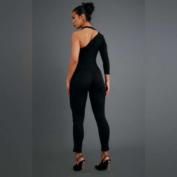 Black strap detail one shoulder ribbed jumpsuit - Picture 4 of 4